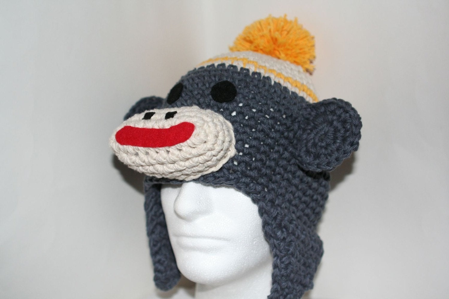 ALL COTTON YARN sock monkey hat - unique handmade character hat made to look like a sock monkey in gray and yellow