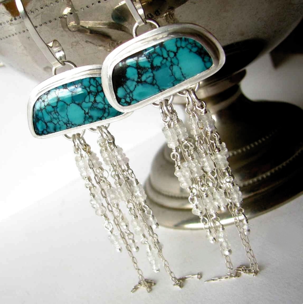 SALE 50% off  - Turquoise sterling silver earrings white sapphires long and dangly - The Jellyfish earrings