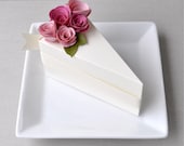SALE - Garden Party Series - PAPER Cream cake slice favor box with blossom and fuchsia flowers. 1 cake slice.