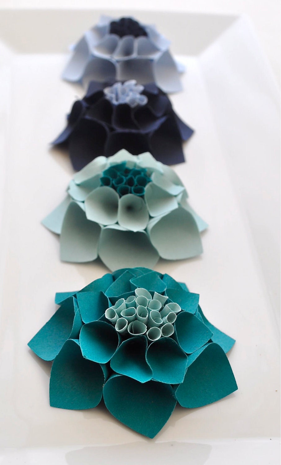 The Katie Set - Paper dahlia flower gift topper/table decor/place card setting in blue hues