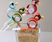 Blue, green, pink, orange and white paper bird cupcake toppers. Set of four. Place card setting, party favor, party decoration, bird.