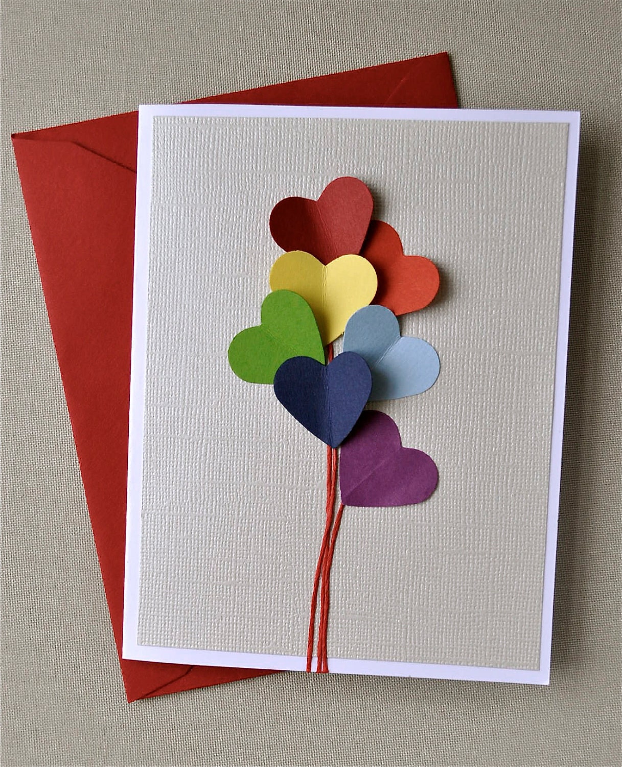 Love is in the air, rainbow heart balloon, blank card. Valentines, anniversary, love, birthday.