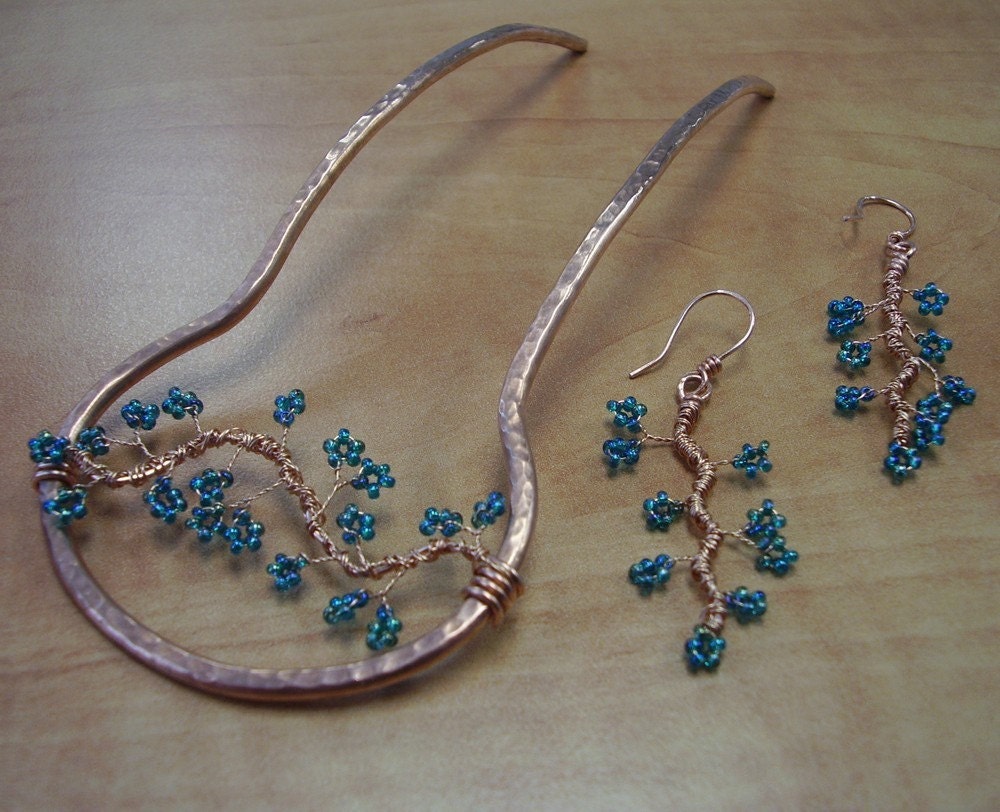 Made to Order GIFT SET - Copper Blossoms Metal Hair Fork, Copper Blossoms Earrings in Blue