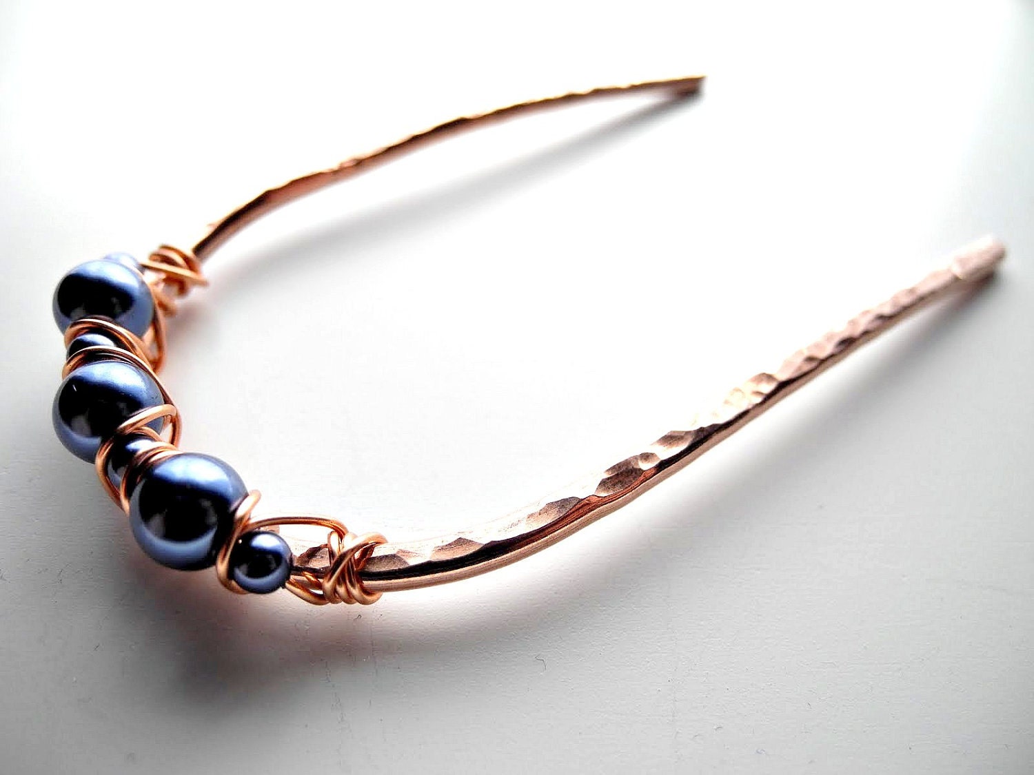 Made to Order Metal Hair Fork - Copper and Blue Pearls