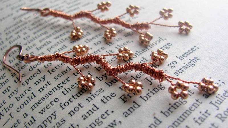 Cherry Blossom Earrings - Copper beaded, wire wrapped, dangle, floral, dainty, whimsical