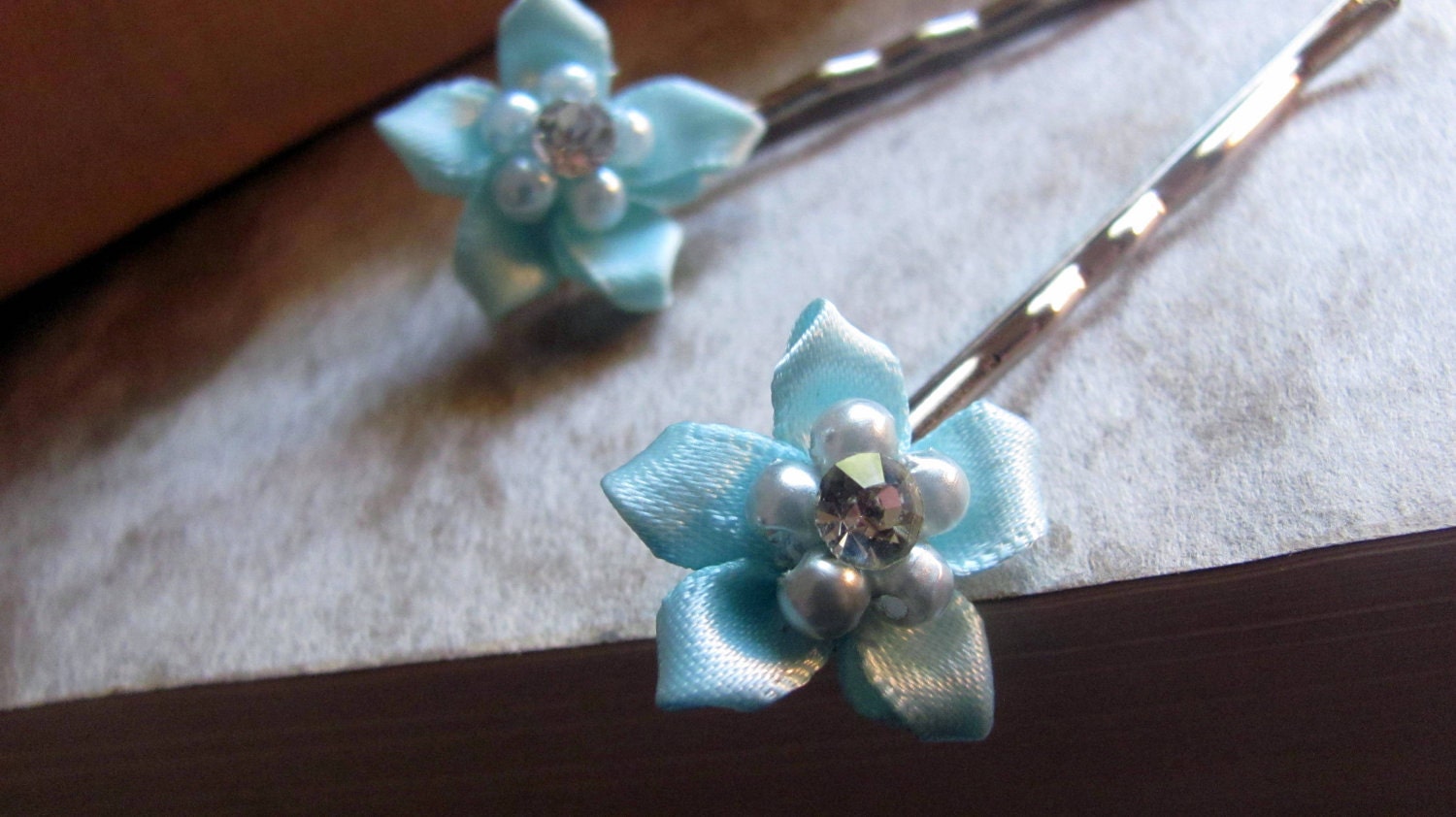 Aqua Ribbon Starflower Bobby Pins