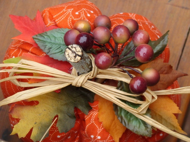 Small Stuffed Fabric Pumpkin Decorated with Silk Flowers and Berries
