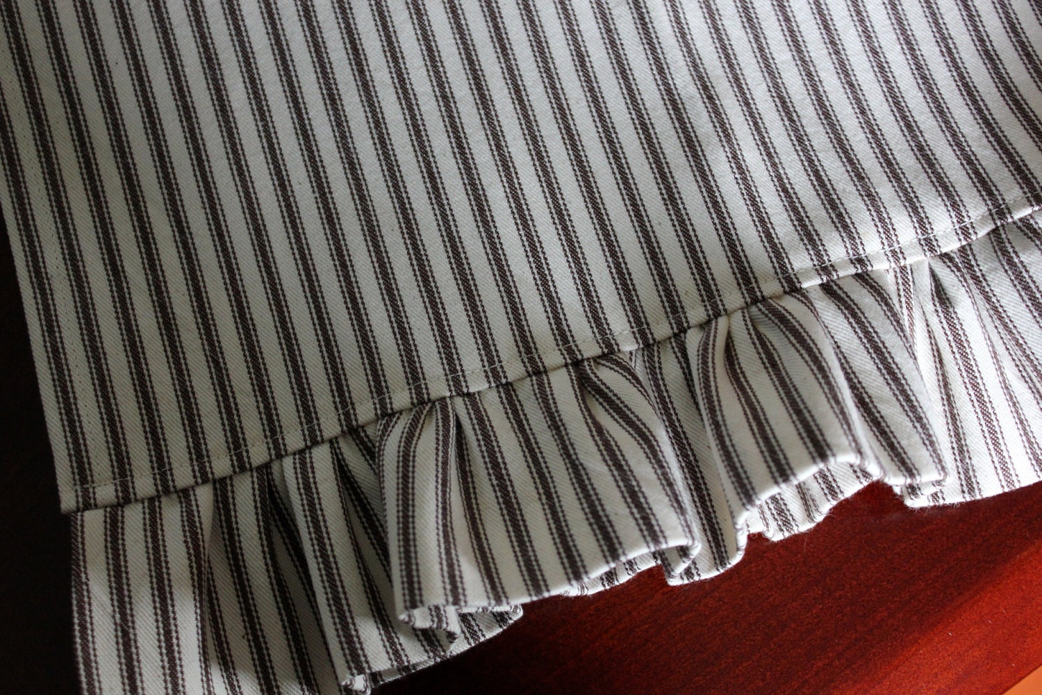 48" Farmhouse Ruffled Brown Ticking Stripe Table Runner - CUSTOMIZABLE - Table Linens