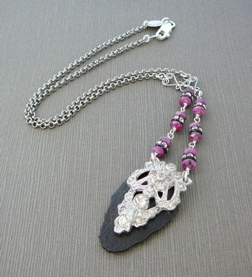 Necklace, Vintage Rhinestone Focal, Sterling Silver, Gemstone Rubies .. Deco Drama