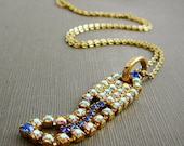 Vintage Upcycled Necklace, Blue, Clear Czech Rhinestone, Brass, Crystal