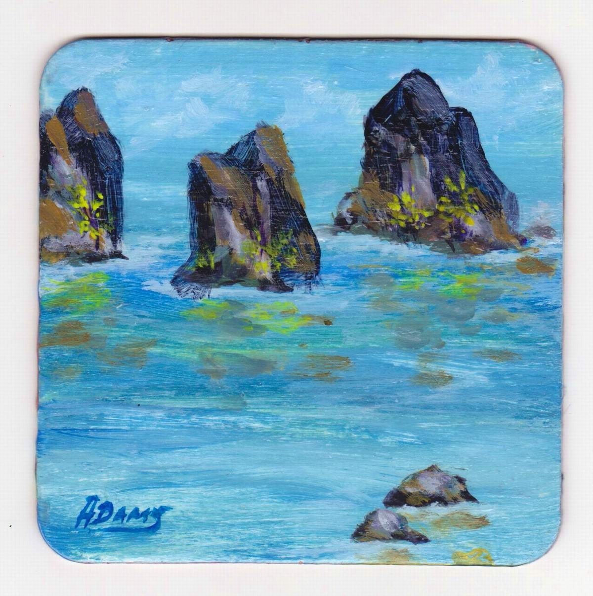 Blue Ocean Rocks Water Original Acrylic Painting SFA 4 x 4 Chipboard Coaster
