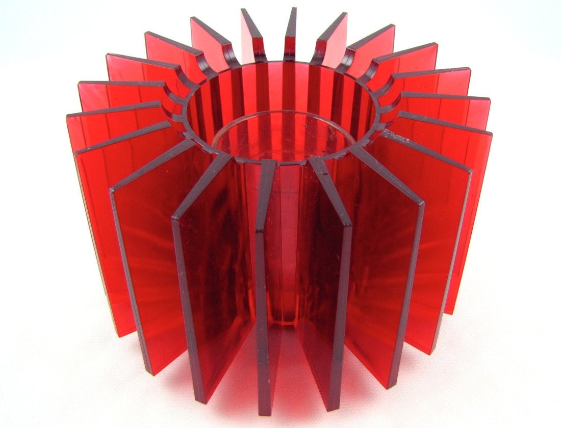 Radiate - Vintage 70s Red Lucite Votive Candleholder, Great Mid Century Modern Radiating Fins Design