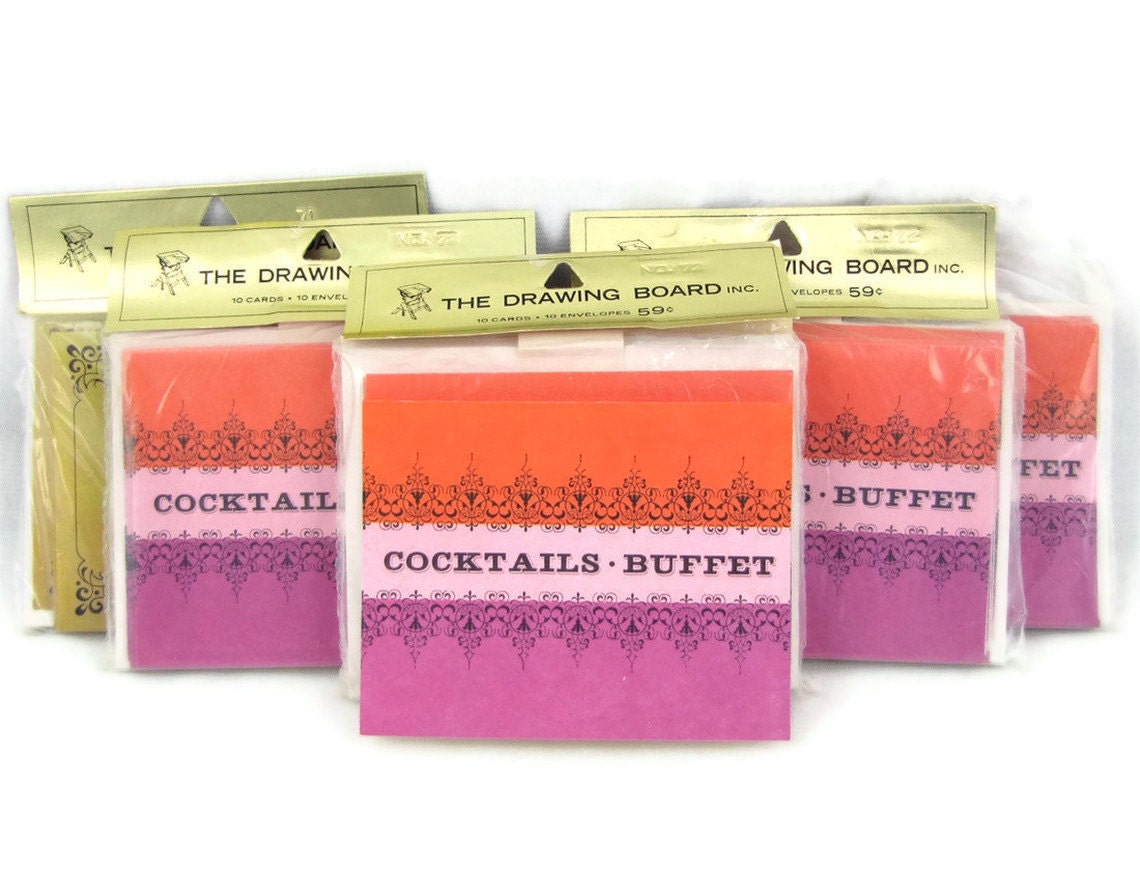 Party Down - Vintage 1960s 'Cocktails & Buffet' Party Invitations, Psychedelic Orange / Fuchsia Purple, 1 Package, 10 Cards, Envelopes