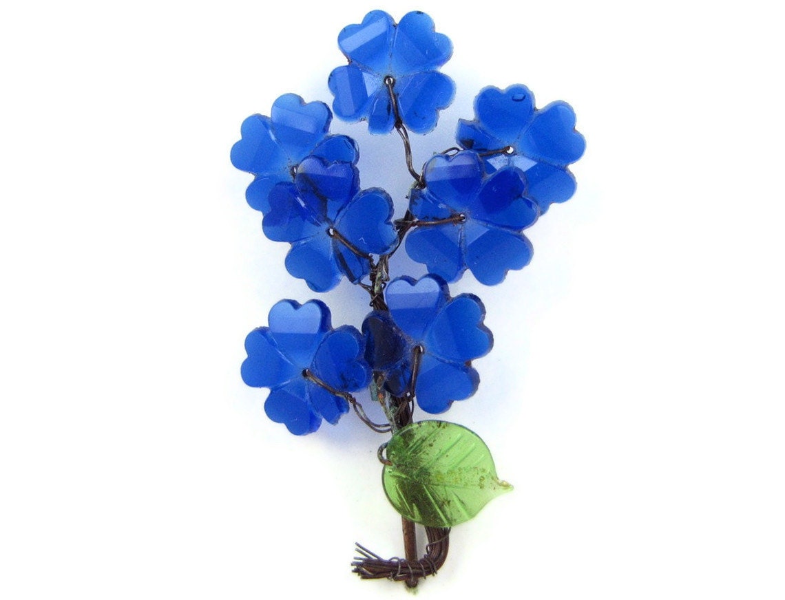 Blue Blooms - Vintage Glass Flower Brooch or Millinery Pin, Cobalt Blue Bouquet of Delphiniums, Very Old and Unusual