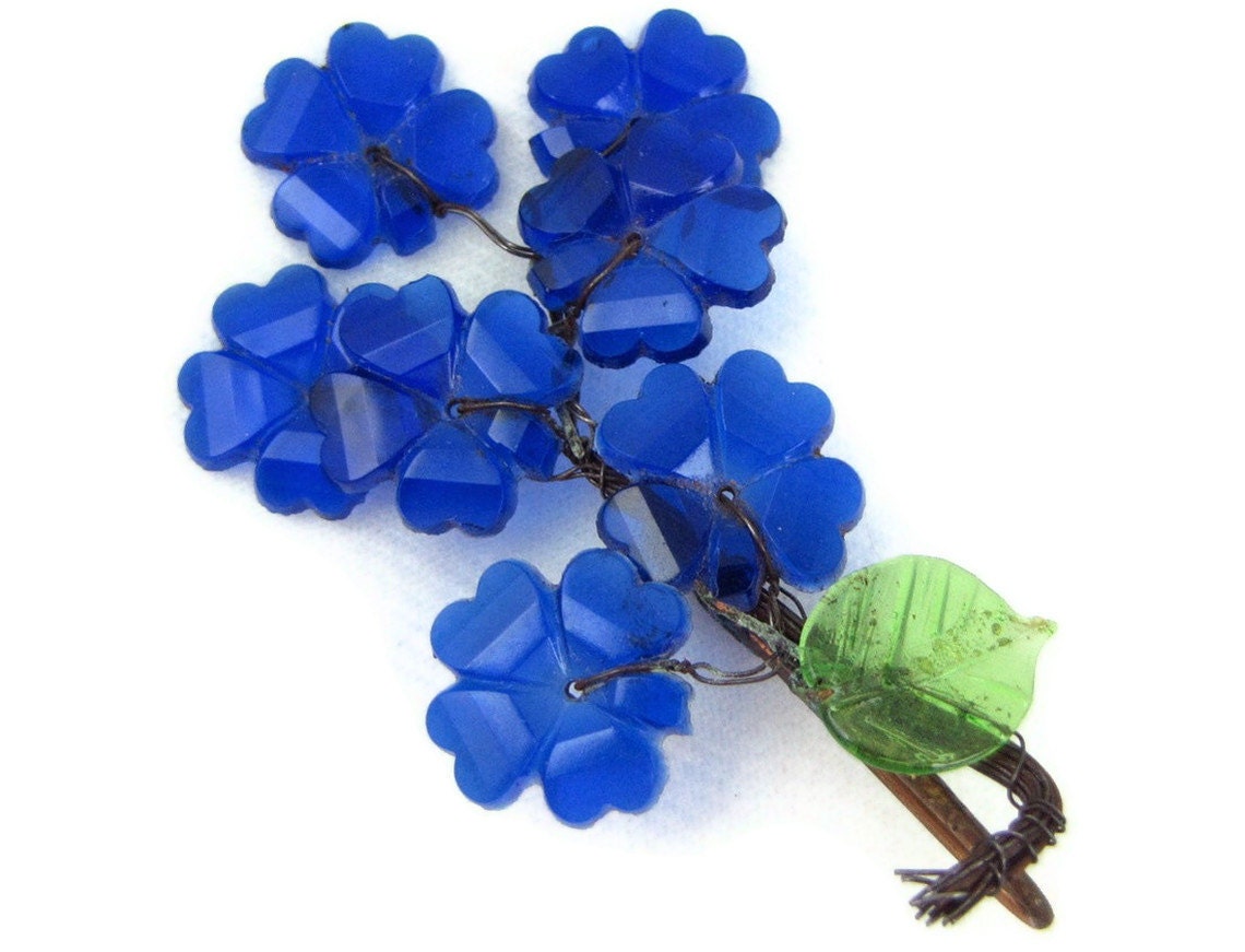 Blue Blooms - Vintage Glass Flower Brooch or Millinery Pin, Cobalt Blue Bouquet of Delphiniums, Very Old and Unusual