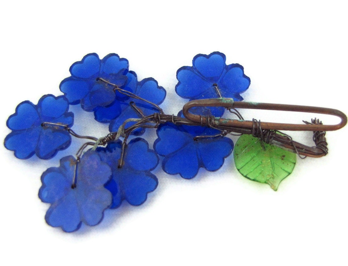Blue Blooms - Vintage Glass Flower Brooch or Millinery Pin, Cobalt Blue Bouquet of Delphiniums, Very Old and Unusual
