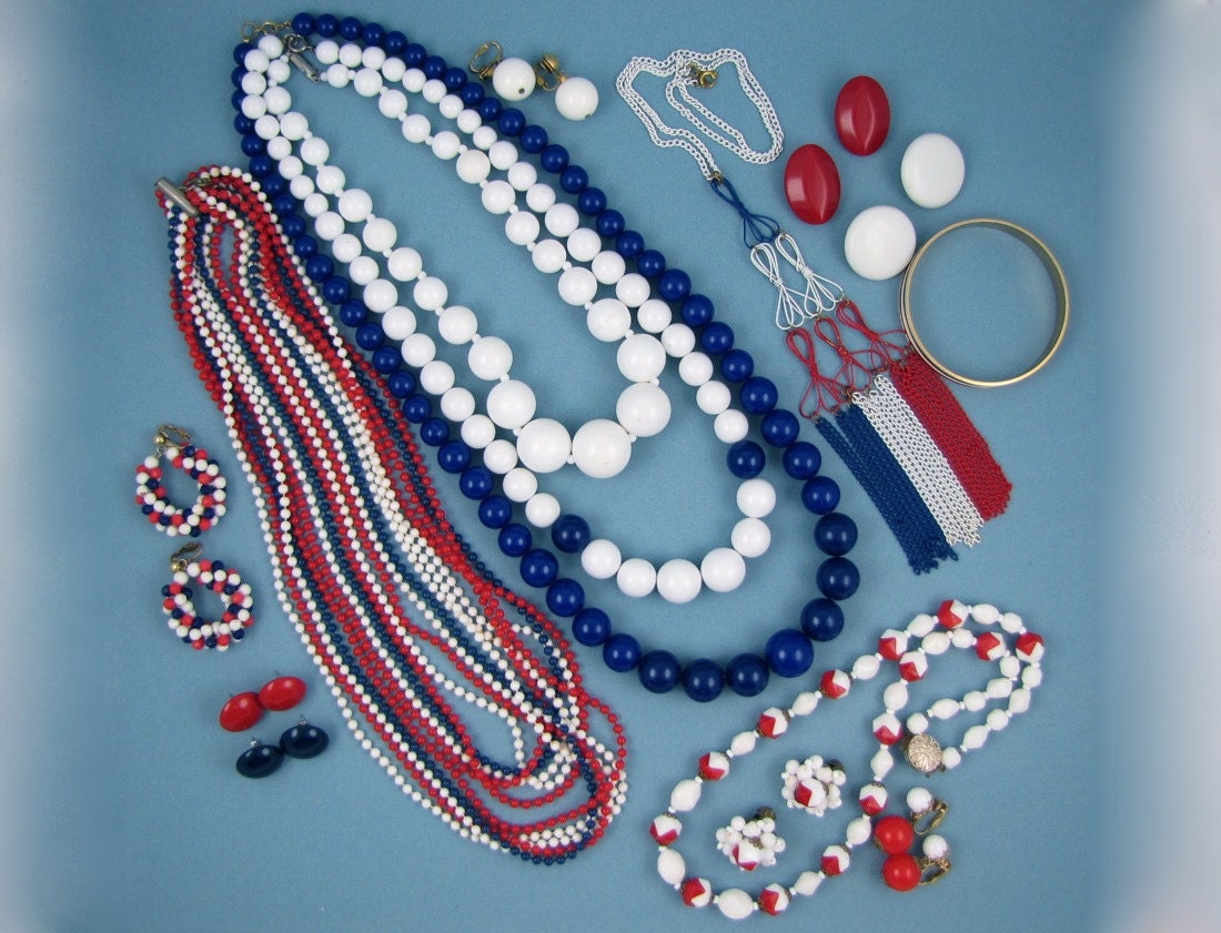 Fourth Frolic - Vintage 60s-70s Jewelry Lot, Red White & Blue Mod Earrings, Bead Necklaces, Enamel Bangle Bracelet, Election Year or July 4t