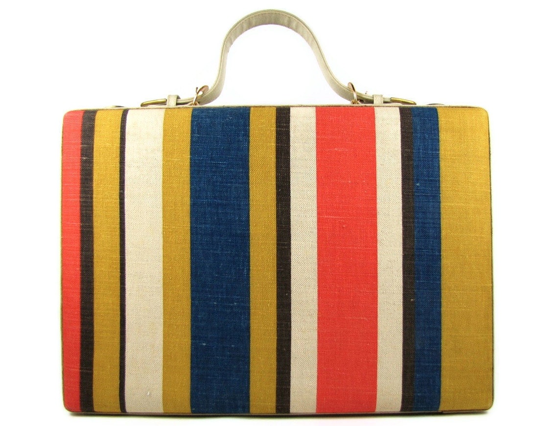 Business Chic - Vintage 1970s Mod Striped Fabric Covered Briefcase with Matching Fabric Lined Interior, Original Keys & Working Lock