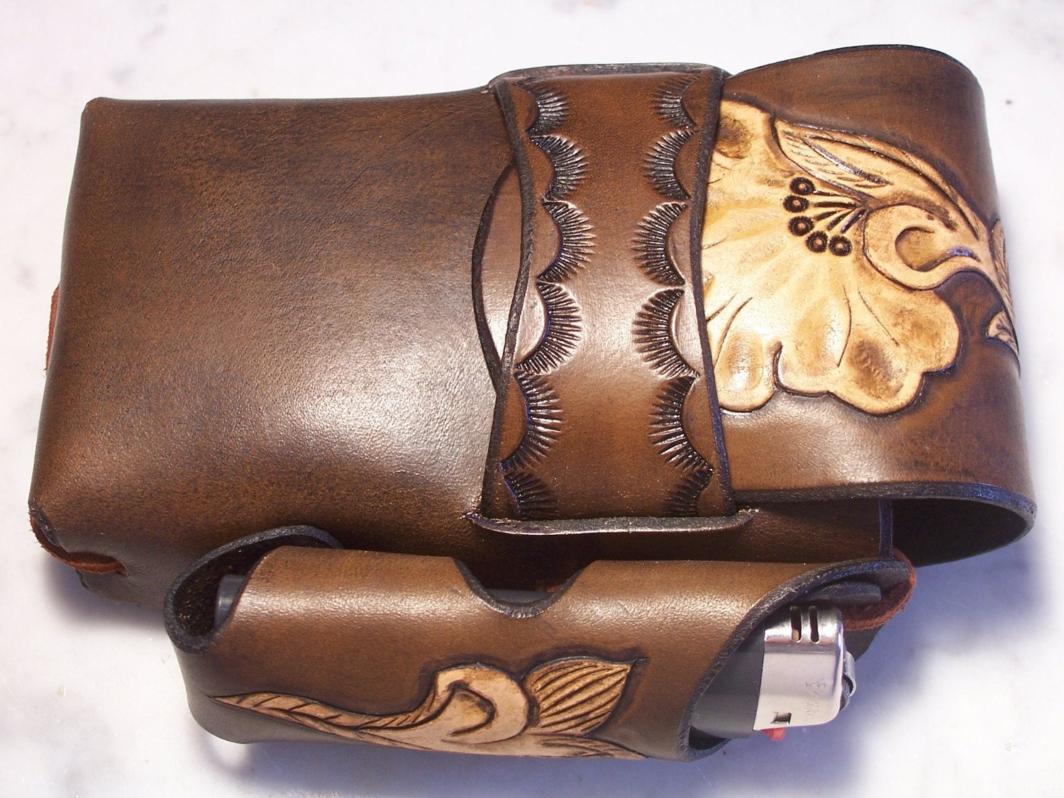 Items similar to Hand Tooled Leather Cigarette Case with a Lighter