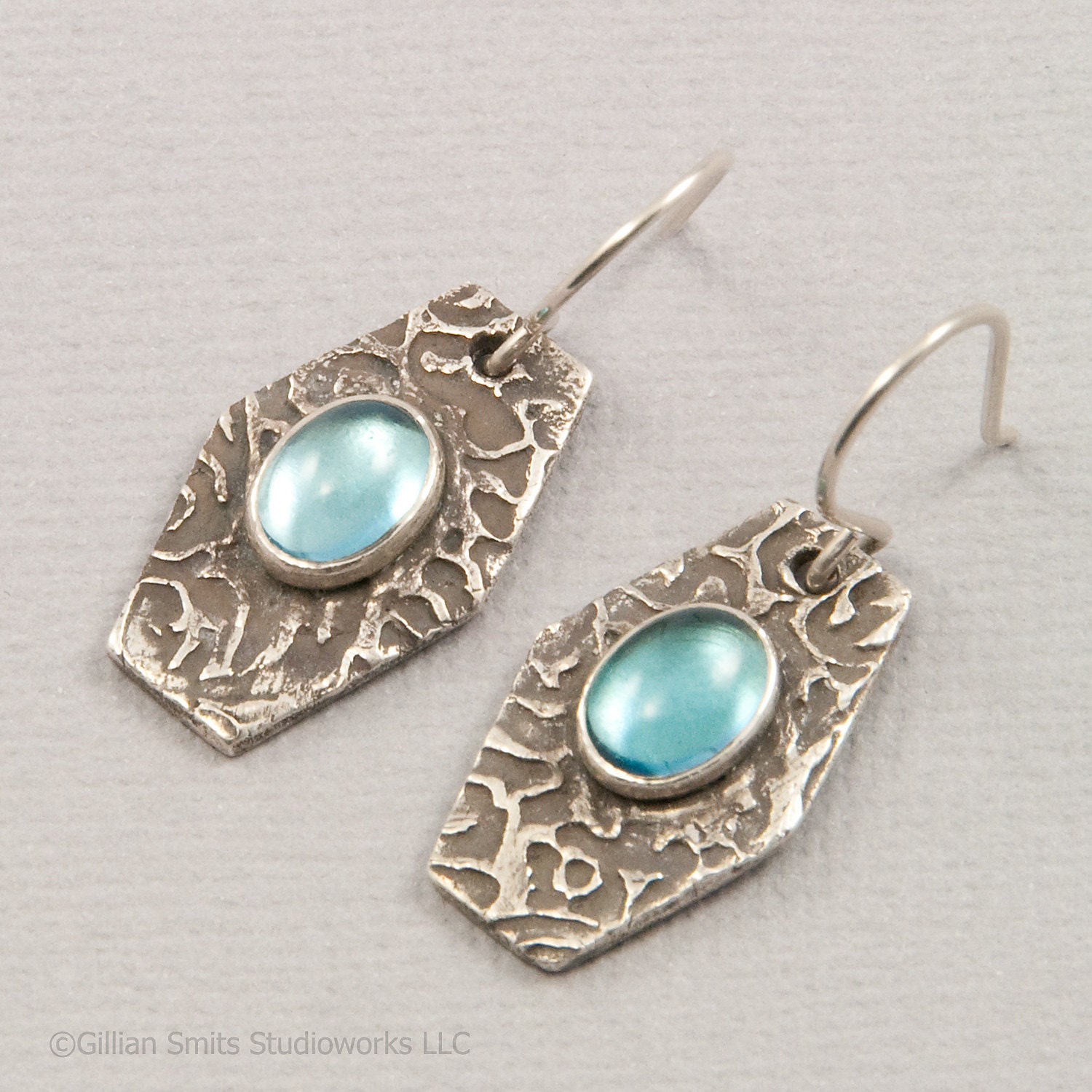 Blue topaz earrings, Precious metal clay, oxidized silver earrings, Swiss blue, fine silver earrings, handmade jewelry