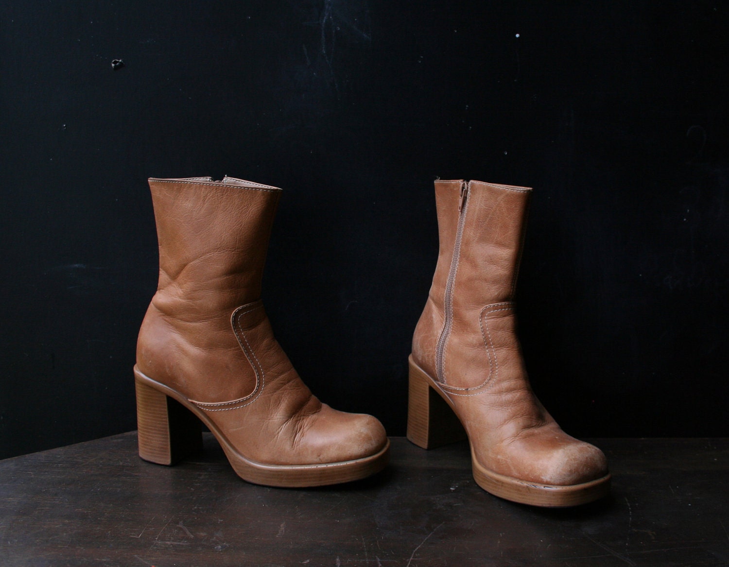 Please Reserve Vintage Boots Platform Heels Leather Tan Natural 8.5 B From Nowvintage on Etsy