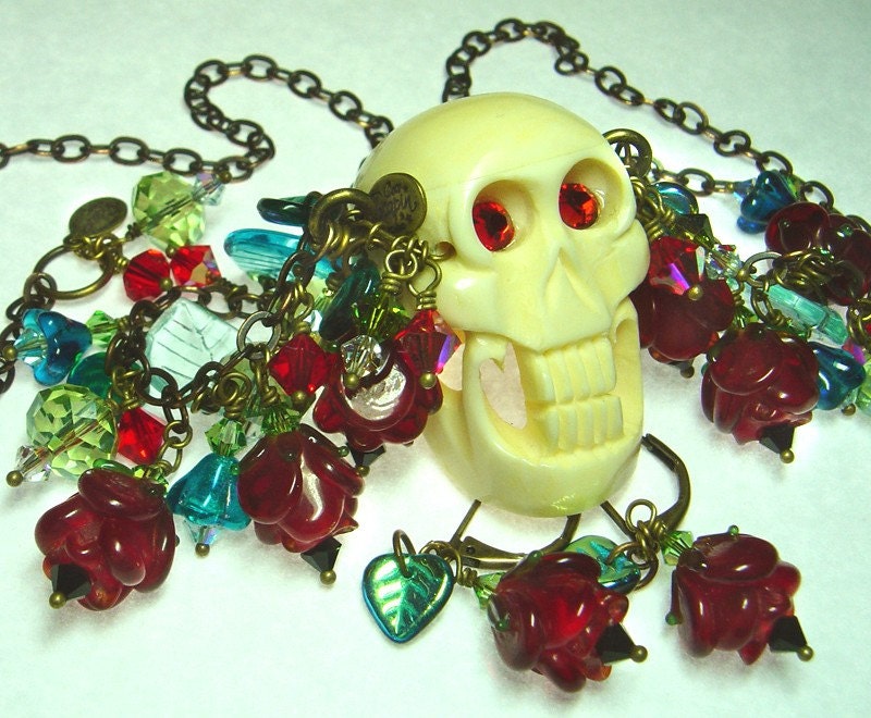 Dia De Los Muertos - Day of the Dead Bone Sugar Skull and Glass Roses Charm Necklace - Earrings Set - Coco Scapin Designs Chicago