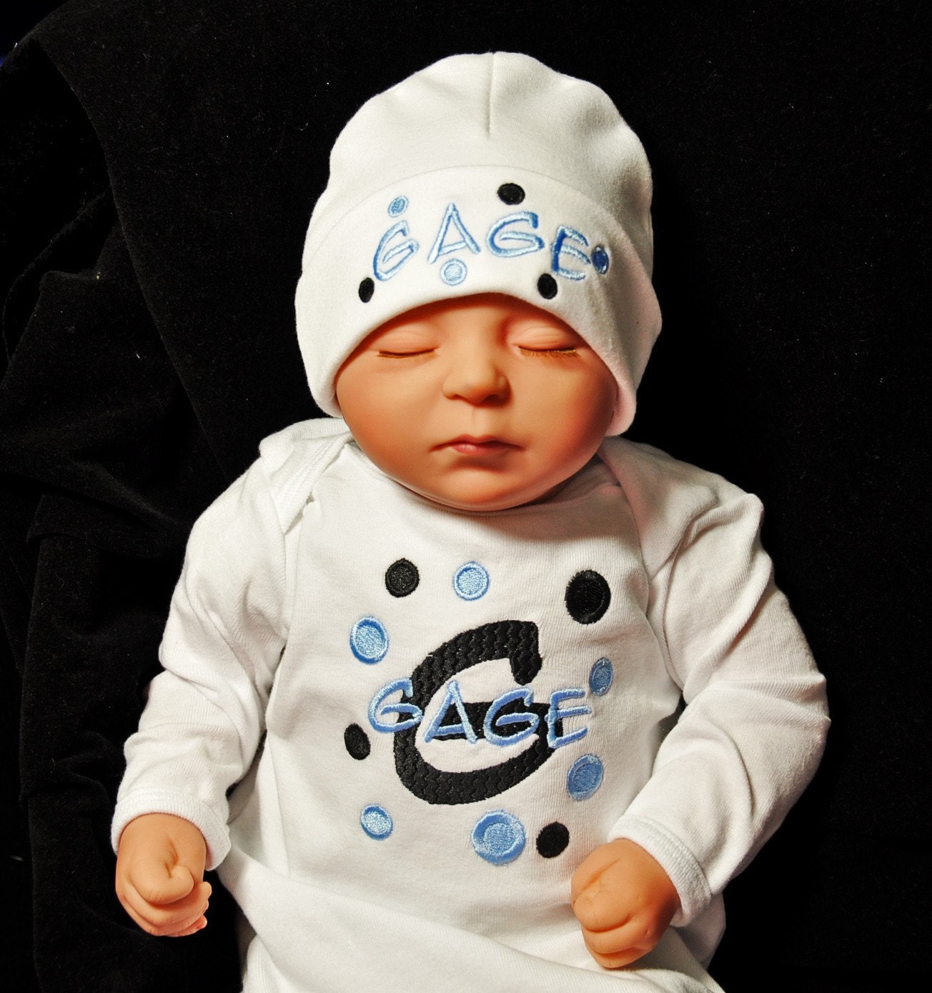 Personalized Polka Dot Newborn Baby Gown and Beanie Hat Set