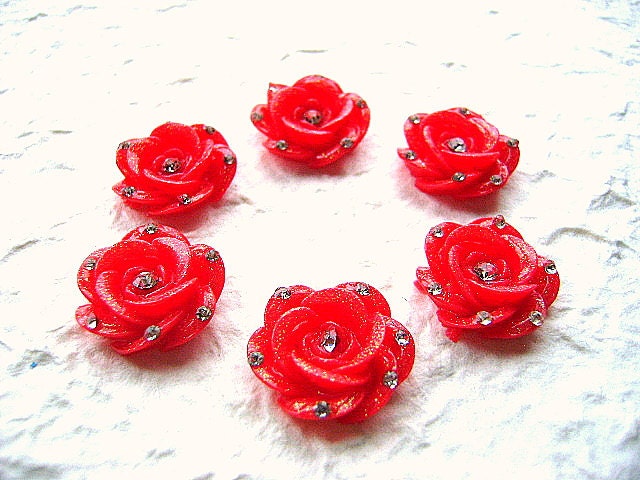 6 Red Rose Flowers Sparkly Kawaii Cabochons 18mm 0.7inch