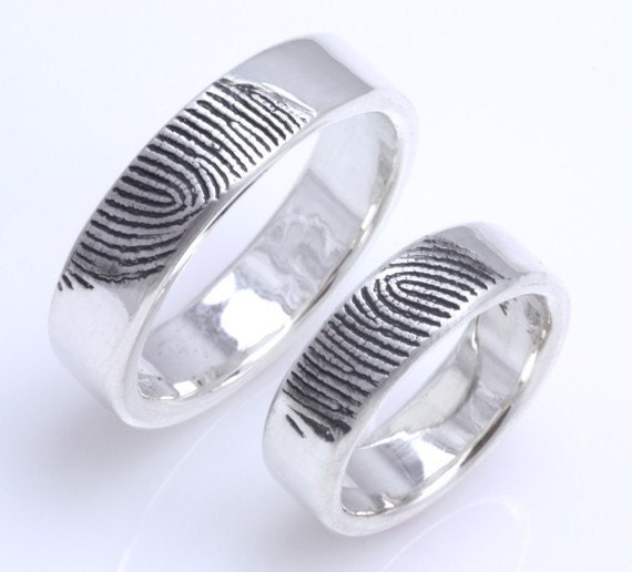 Set of fingerprint wedding rings 6mm/6mm--Set of Two-- Custom Fingerprint Wedding or Commitment Bands with Single Fingertip Whorl Print
