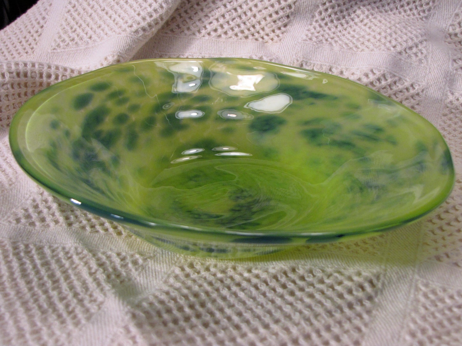Hand Blown Glass Apple Green and Blue Spotted Dish