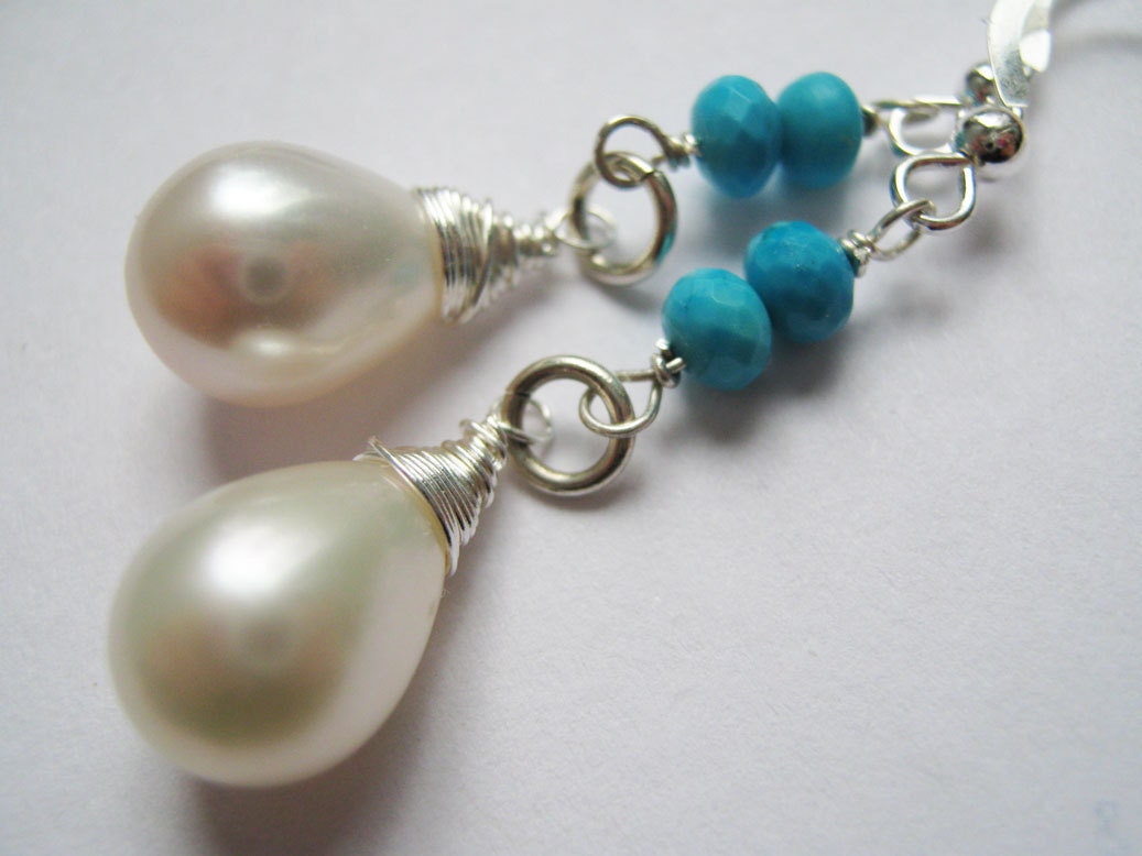 Pearl and Turquoise Earrings  in Sterling and Fine Silver