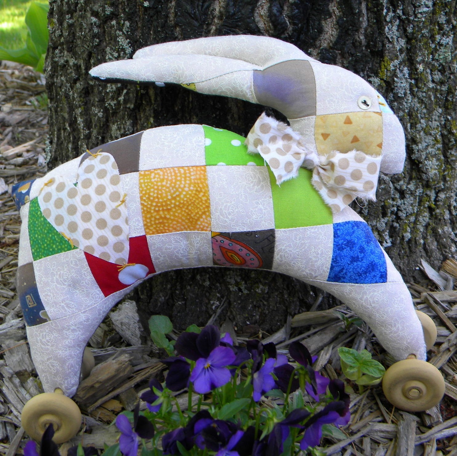 Primative Fabric Sculpture, Wheely Bunny , 11x9 inches, Upcycled Quilt Block