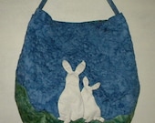 Unique Applique-Quilted Rabbit Shoulder Bag-Purse, Starry Night, 19x17 inches, Blue, Green and White