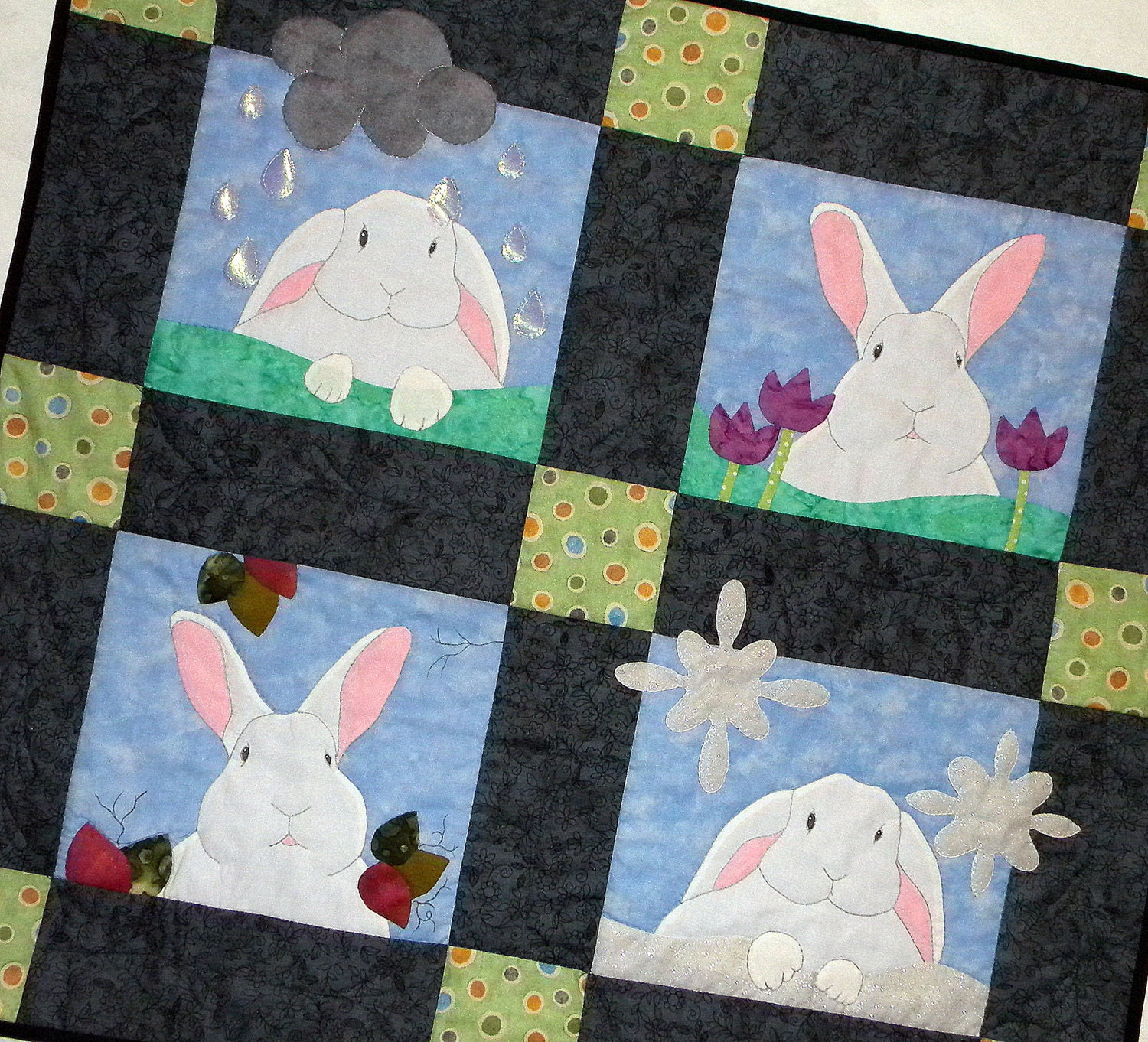 Applique Art Quilt -A Bunny for Every Season- Hand Quilted-Hand Applique, 31 x 28 inches, Custom Order