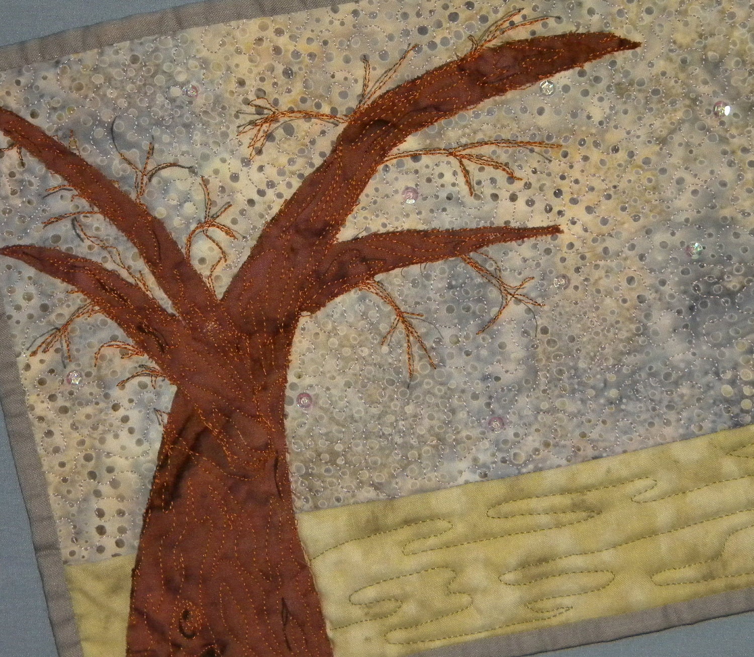 Applique Mini Quilt, Spirit Tree, 8 x 10.5 inched, Gold and Grey,