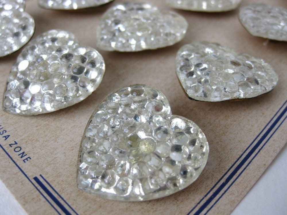 Vintage Glass Buttons. Mirrored Hearts Foiled, Shanks, West Germany 1940s but0101 (2)
