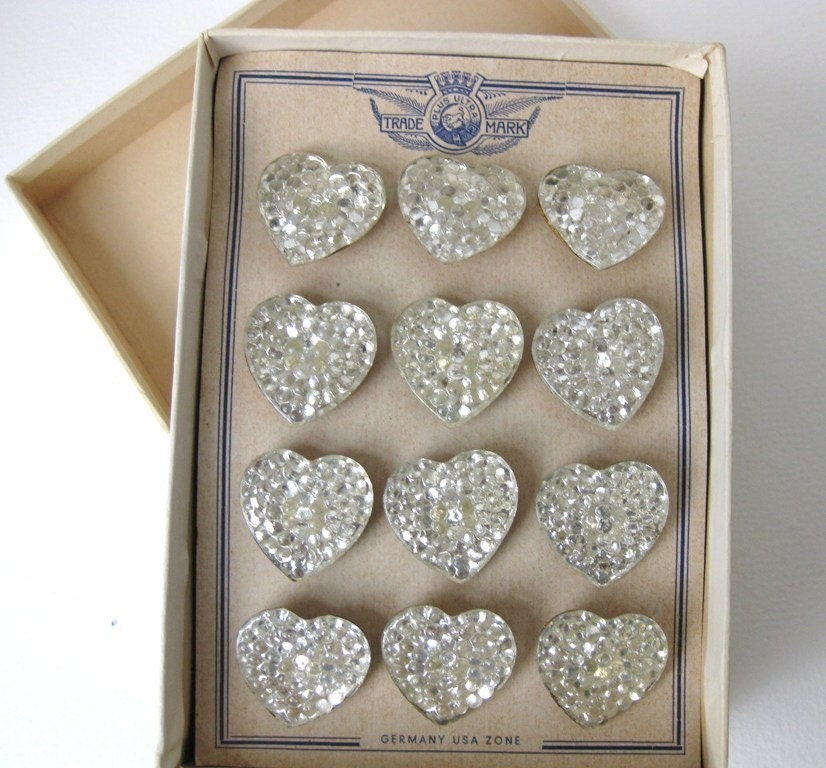 Vintage Glass Buttons. Mirrored Hearts Foiled, Shanks, West Germany 1940s but0101 (2)