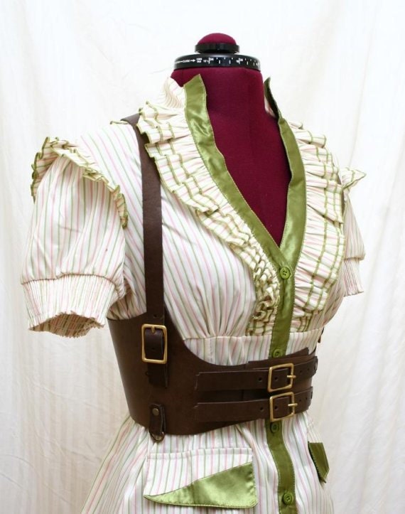 Lucille Brown Leather Underbust Harness Belt Steampunk Victorian Inspired Corset Belt Thin Shoulder Strap