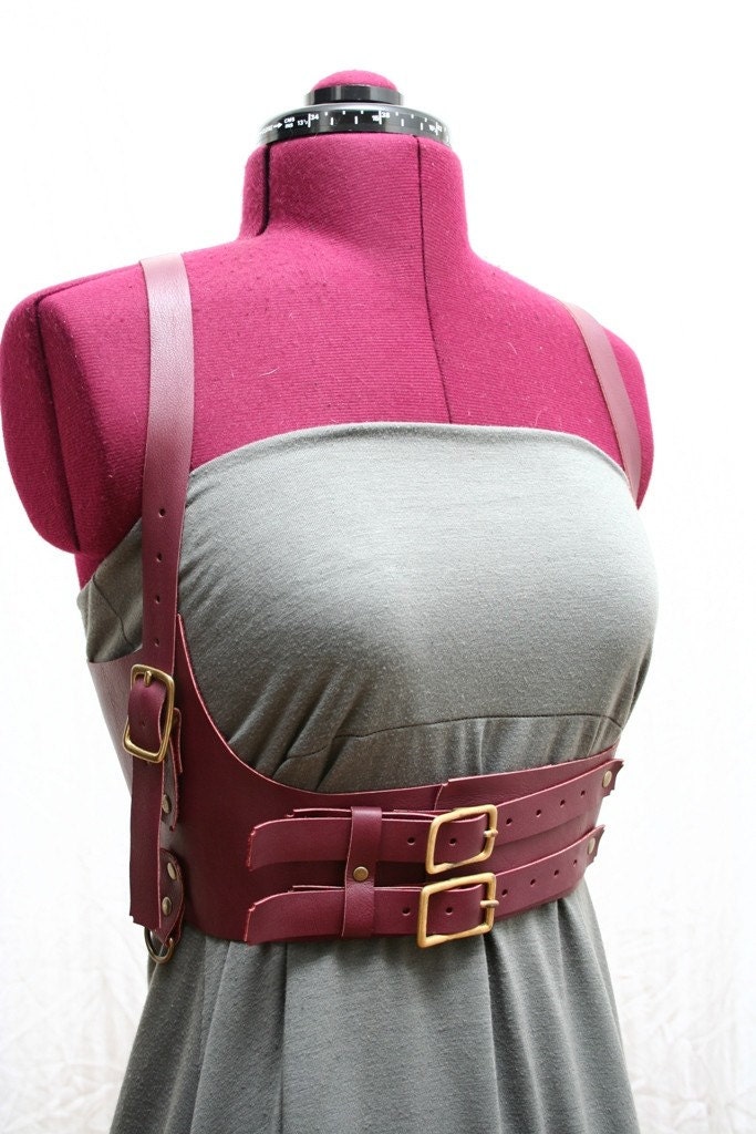 Jillian Burgundy Leather Underbust Harness Corset Belt Waist Cincher Steampunk