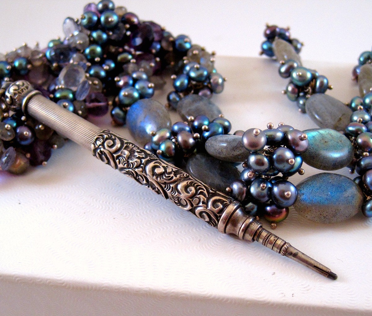 Antique Victorian Pencil Necklace- silver, amethyst, pearl, iolite, labradorite