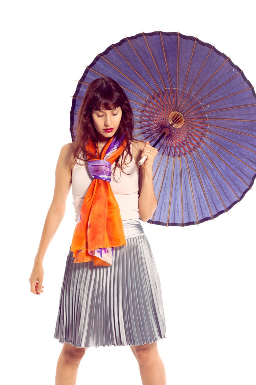 Scarf  silk hand painted in orange and violet purple Abstract flowers scarf by Dimo-Violet Tulips in Orange-Wearable art-