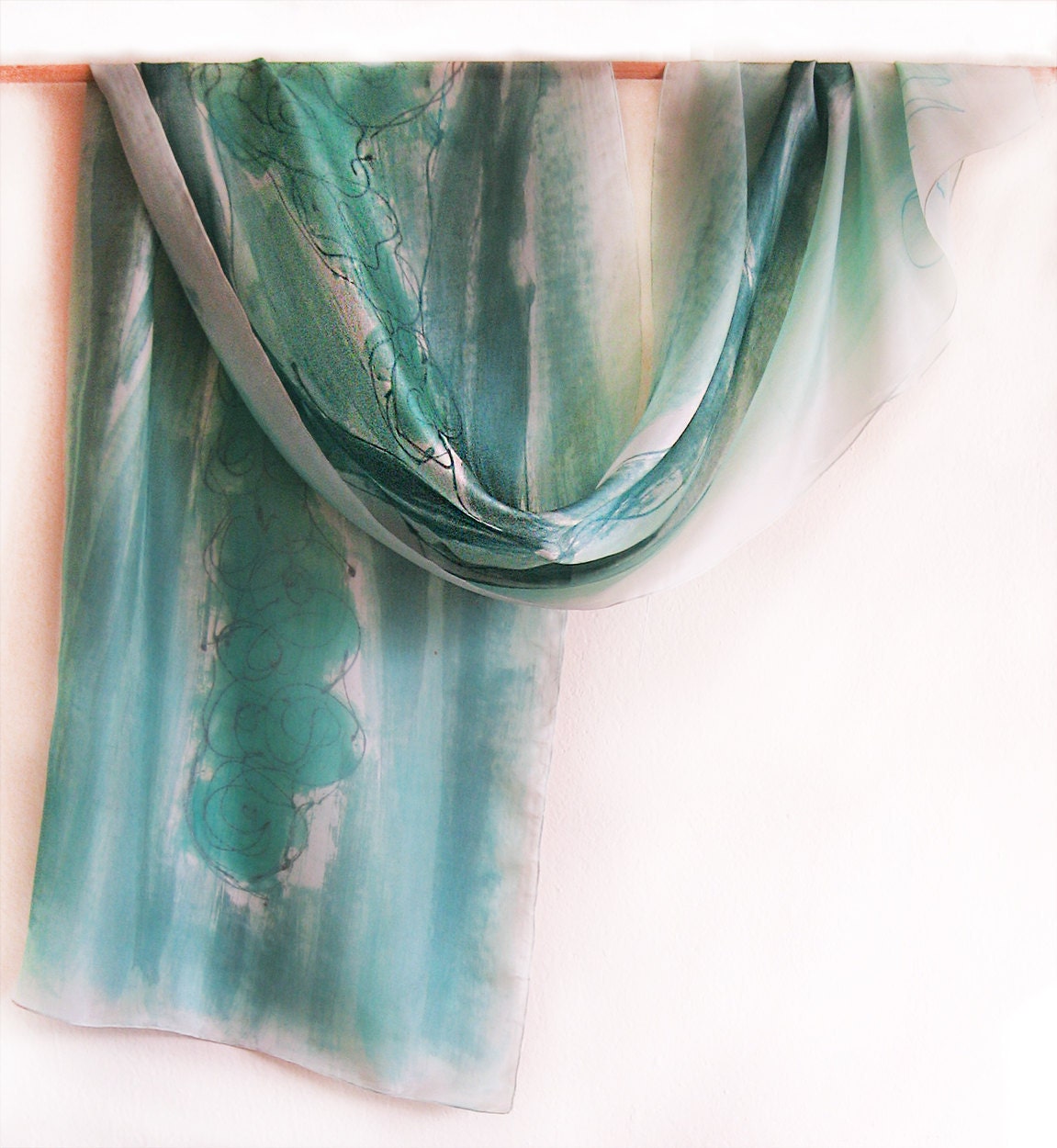 Hand painted silk scarf Mint Flowers -Abstract flowers in minty-painting on silk by Dimo