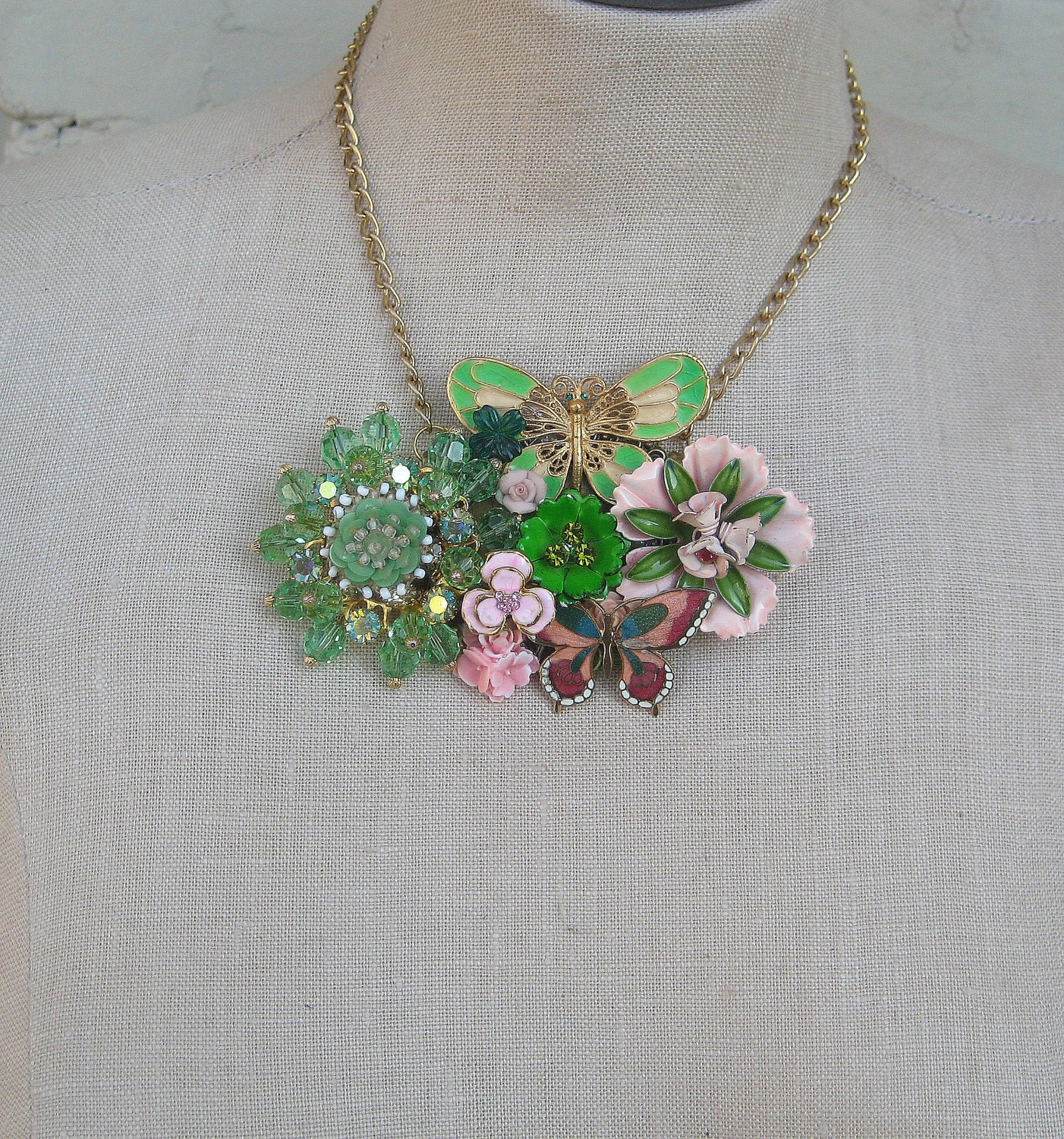 Pink Peach Green Vintage Brooch Enamel Flower power shamrock butterfly Shabby Chic OOAK Collage necklace "English Garden"