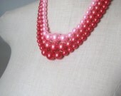 Pink Red Vintage Pearl Triple Strand Chunky Rose Strawberry Berry Necklace Mad men Era Rockabilly Cherry