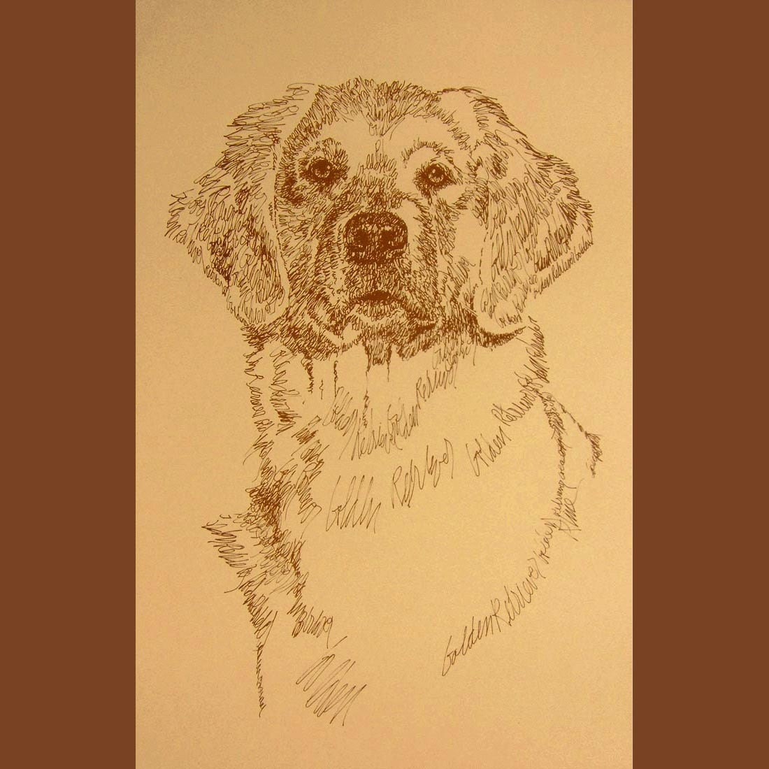 Golden Retriever - Artist Kline draws dog art using only words. Signed 11x17 Lithograph 83/500 - Artist Adds Your Dogs Name Into Art Free