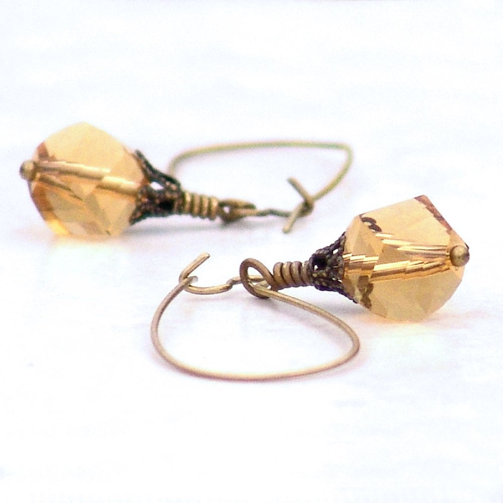 Long Wire Earrings Yellow Honey Glam -Dangle Glass Crystal Brass Vintage Style