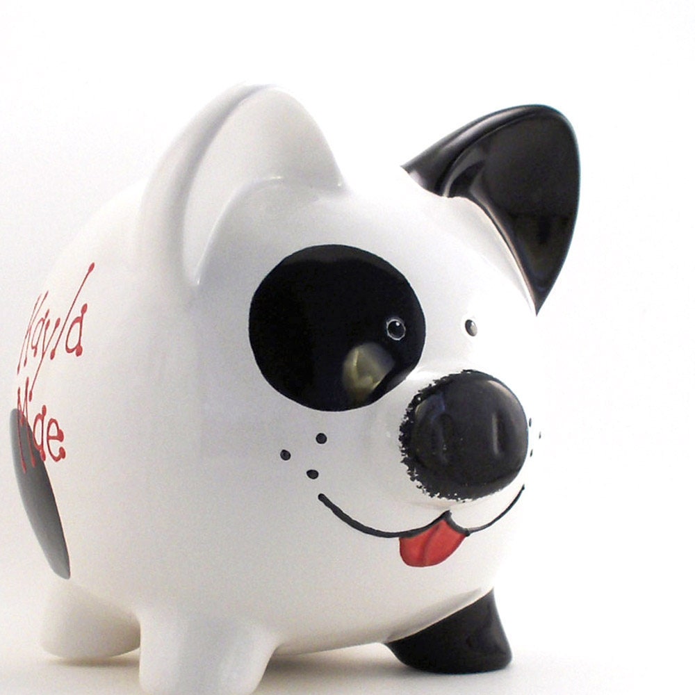 Personalized Piggy Bank - Black and White Puppy Dog - with hole or NO hole in bottom