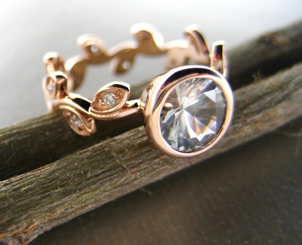 Pink gold Engagement ring with leaves and diamonds. Unique engagement ring.