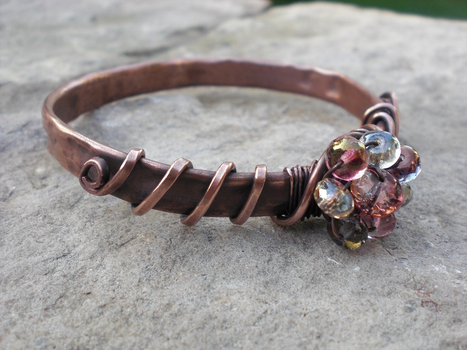 Copper Bangle Bracelet with Czech Glass Rosette