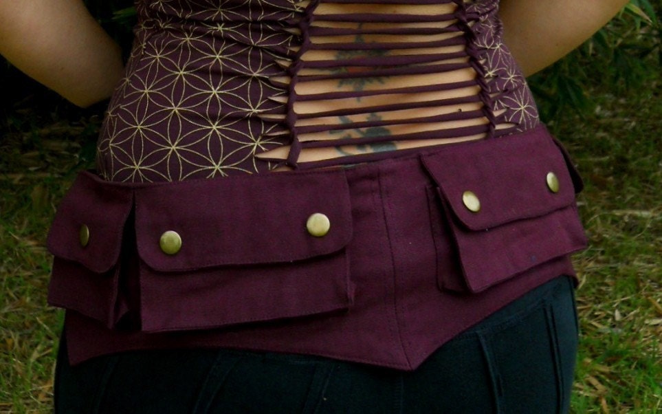 Small Burgundy Cotton Canvas Pixie Pockets - Saddlebags - hip belt - Vegan - Belt with pockets